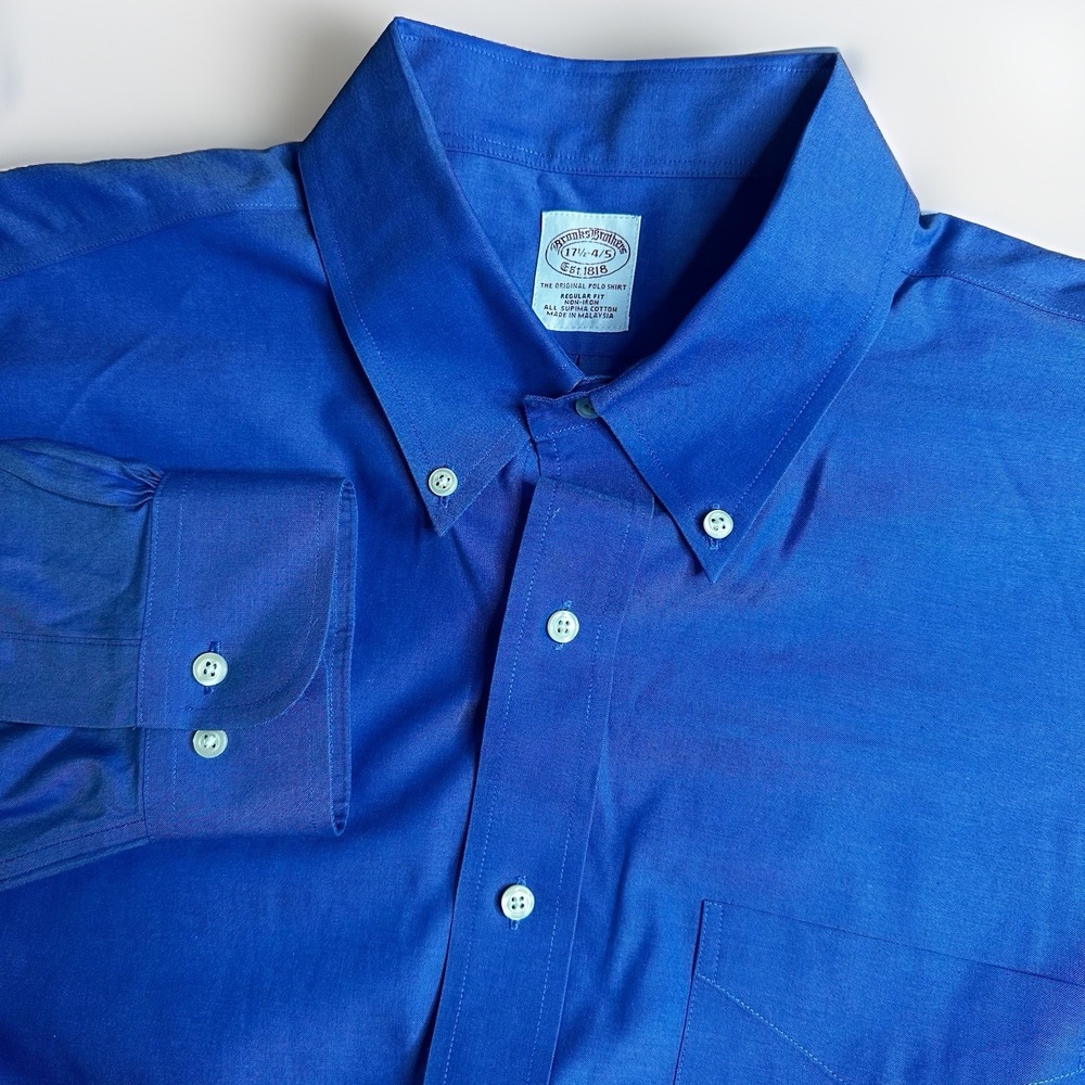 Vintage Brooks Brothers Dress Shirt Mens 17.5/34-35 Blue Regular Fit Oxford OCBD